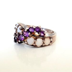 Vintage Sterling Silver Amethyst & Opal Floral Ring - Size 7